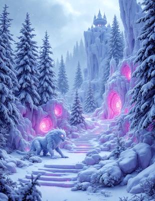 The primary subject of the image is a snowy landscape featuring a lion, a wolf, and a dragon. The setting is a snowy forest with a castle in the background. The visual style is digital art, and the colors and mood are predominantly white and cold, creating a wintry atmosphere.